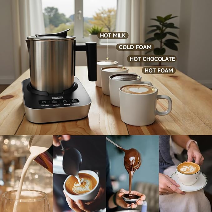 FUNLAVIE 4-in-1 Electric Milk Frother and Steamer, 400ml(13.5oz) Stainless Steel Pitcher with Auto Shut-Off, Hot & Cold Foam Maker and Milk Warmer for Lattes, Cappuccinos, Macchiato, Dishwasher Safe