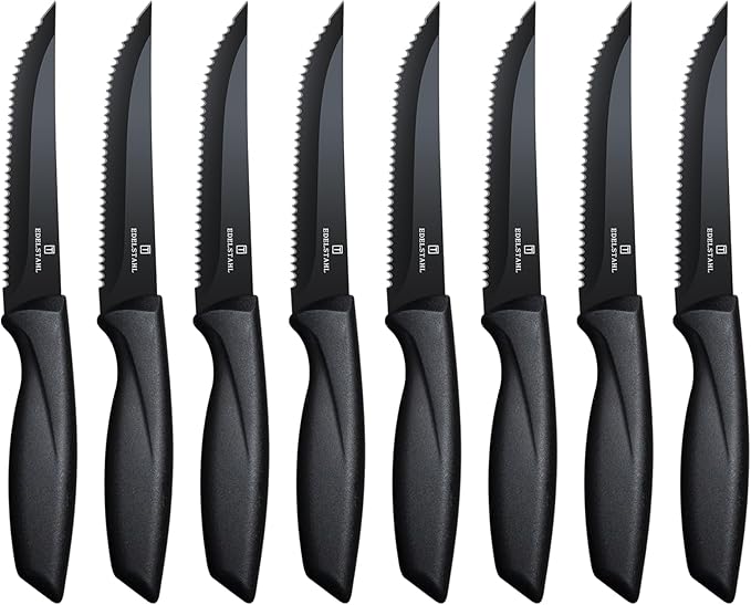 Steak Knives Set of 8,Sharp Serrated Steak Knife Set of 8,Stainless Steel Steak Knife Set,High-Carbon Steak Knives,Black Handle Steak Knifes,Ergonomic Kitchen Knives Set for Precise Cutting
