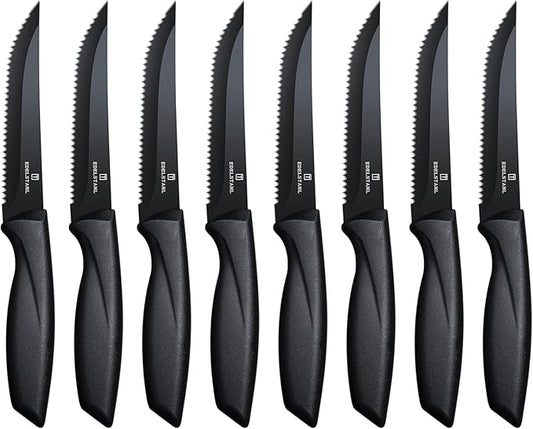 Steak Knives Set of 8,Sharp Serrated Steak Knife Set of 8,Stainless Steel Steak Knife Set,High-Carbon Steak Knives,Black Handle Steak Knifes,Ergonomic Kitchen Knives Set for Precise Cutting