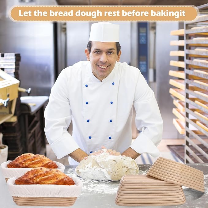 Nuogo 4 Pieces 10 Inch Bread Banneton Proofing Basket Rattan Banneton Dough Proofing Bowls with Liners and Scatters for Home Sourdough Baking (Rectangle)