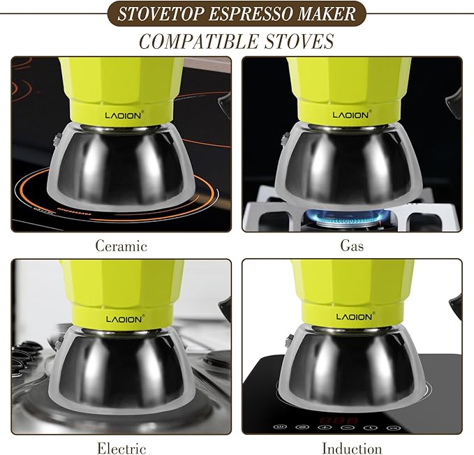 LAOION Stovetop Espresso Maker, 3Cup Moka Pot, Espresso Machine Compatible with Induction Cooktops, 150ml Stainless Steel & Aluminum Cuban Coffee Maker for Cafetera Cubana, Green