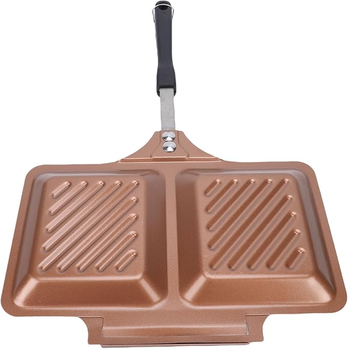 Grilled Panini Maker Stovetop Toasted Press Double Sided Non Stick Coating Iron Pan for Home Kitchen Camping Outdoor Cooking (Gold)