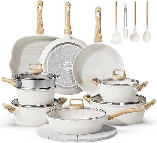 24 Pcs Pots and Pans Set, Non Stick Ceramic Cookware Set with 3 Stockpots, Healthy Non-Toxic, Large Capacity, Induction Compatible, PFAS/PTFE/PFOA Free, Cream White
