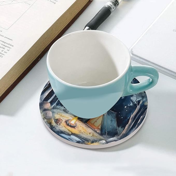 Forest Drink Coasters, Round Ceramic Drink Coaster Round-4PCS, Watercolor Mountain Forest Nature Tree Woodland Camping Decor Absorbent Ceramic Coasters for Beverage Cup, Bar, Coffee Table