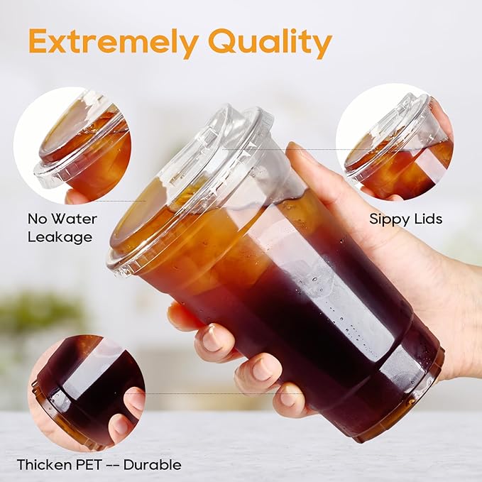 Turbo Bee 20 OZ 200 Sets Clear Plastic Cups with Strawless Sip Lids, To Go Crystal Clear Disposable Plastic Cups with Lids for Iced Coffee, Smoothies, Soda, Lemonade, Cold Beverage