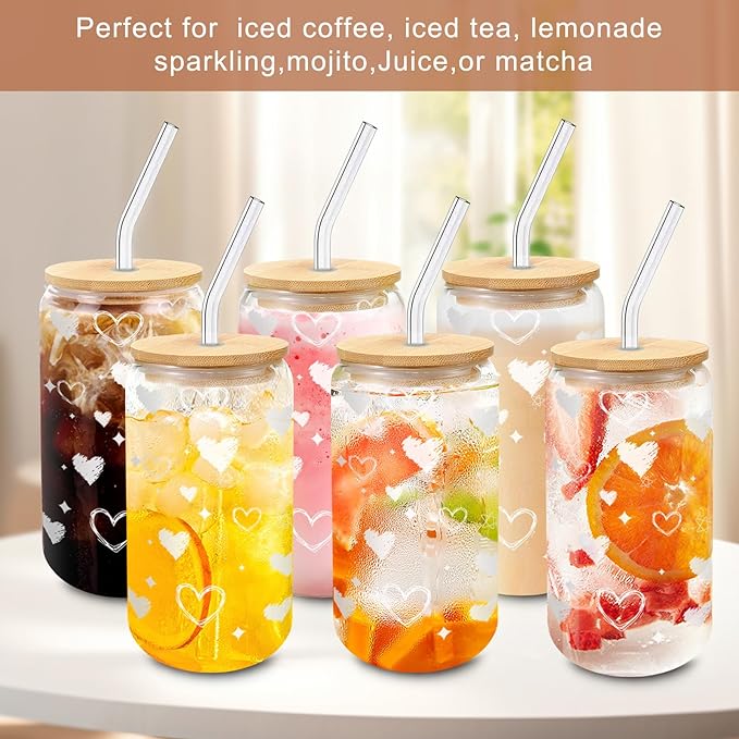 Glass Cups with Lids and Straws – 16oz Iced Coffee Tumblers, Heart Glass Cup Set of 6 for Cold Drinks, Brunch, Girls Night, Gift Use