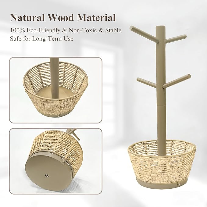 Wood Mug Holder Tree with Woven Basket, 4 Hooks Coffee Mug Holder, Countertop Mug Tree for Kitchen Counter Cabinet Coffee Bar Accessories Cup Display Organizer Hanger(Brown)