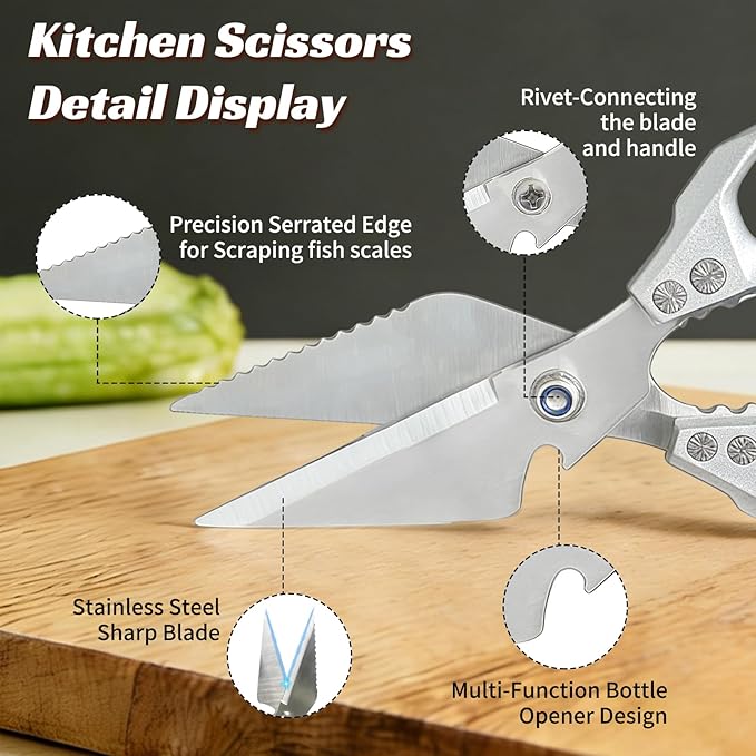 Kitchen Scissors Silver, Multifunctional Kitchen Shears For Food with Ergonomic Handle,Stainless Steel Kitchen Shears,Sharp Cooking Scissors for Chicken, Meat,Turkey, Seafood, Bone Cutting