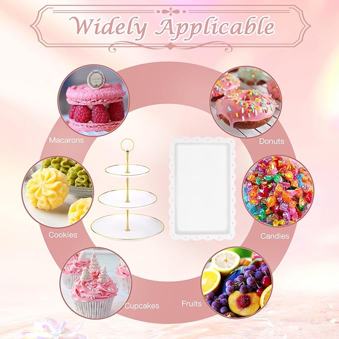 PinCute 5 Pcs Dessert Table Display Set - 2 X Cupcake Stand Holder/Cup Cake Tier Tower & 3 X Serving Tray Combo for Tea Party, Birthday, Baby Shower (Round)