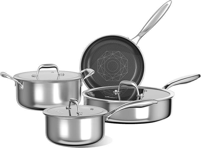COOKER KING 7 PCS Stainless Steel Cookware Set, Pots and Pans Set Non Stick, Hybrid Ceramic Cookware,Non-Stick Frying Pan, Saucepan, Saute Pan & Stockpot, Non-Toxic, Oven Safe, Induction Compatible