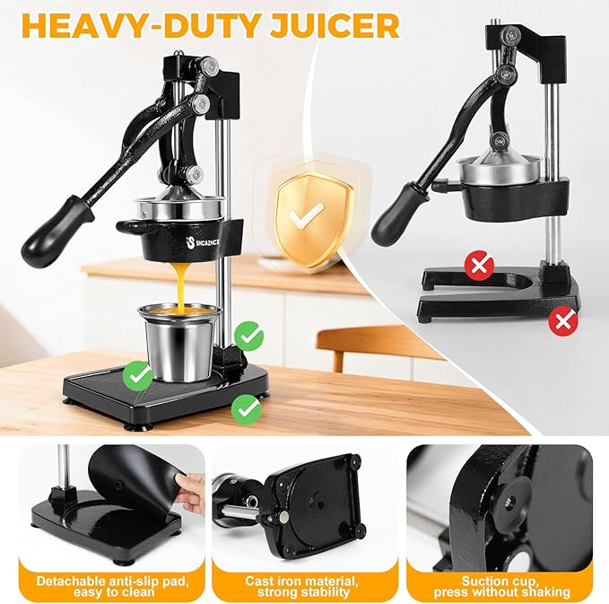 Cast-Iron Hand Press Citrus Juicer, Heavy-Duty Fruit Squeezer with Stainless Steel Cup, Easy-to-Clean Manual Citrus Press for Orange, Lemon, Lime, Grapefruit & Pomegranate (Black)