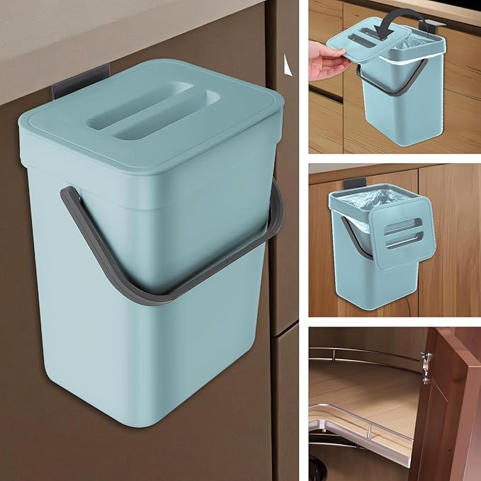 Compost Bin Kitchen, for use on Countertops or Under Sinks, Hanging Trash Can with Lid, for Cupboard/Bathroom/Bedroom/Office/Camping, Mountable Indoor Compost Bucket(Blue 0.8 Gallon/3L)