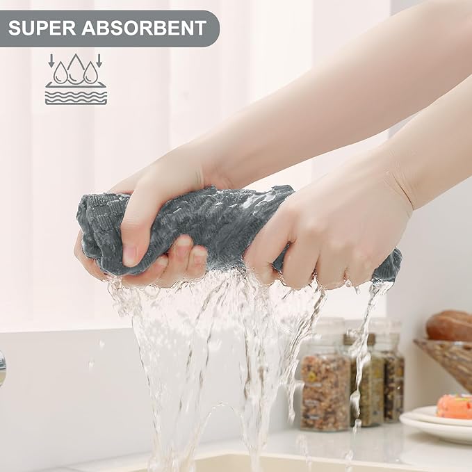 Homaxy 100% Cotton Kitchen Towels and Dishcloths Set, 12 x 12 & 15 x 25 Inches, Set of 12 Bulk Terry Cloth Dish Towels, Super Soft and Absorbent Hand Towel with Hanging Loop, Dark Grey