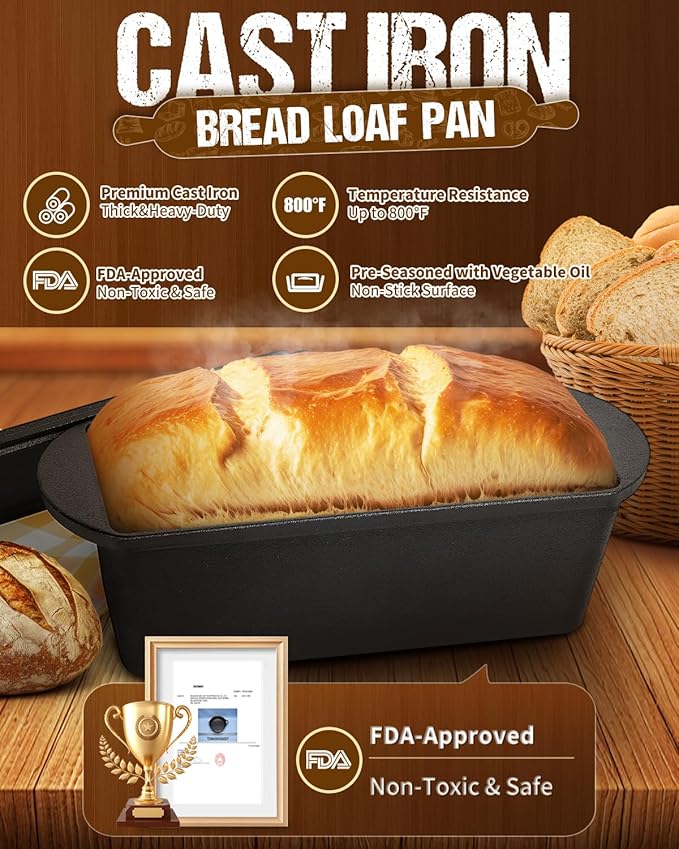 Cast Iron Bread Loaf Pan with Lid, 3.5QT, 13x5 inches, Black Nonstick Popover Pan for Sourdough and Homemade Bread, Mini Loaf Pans with Lids