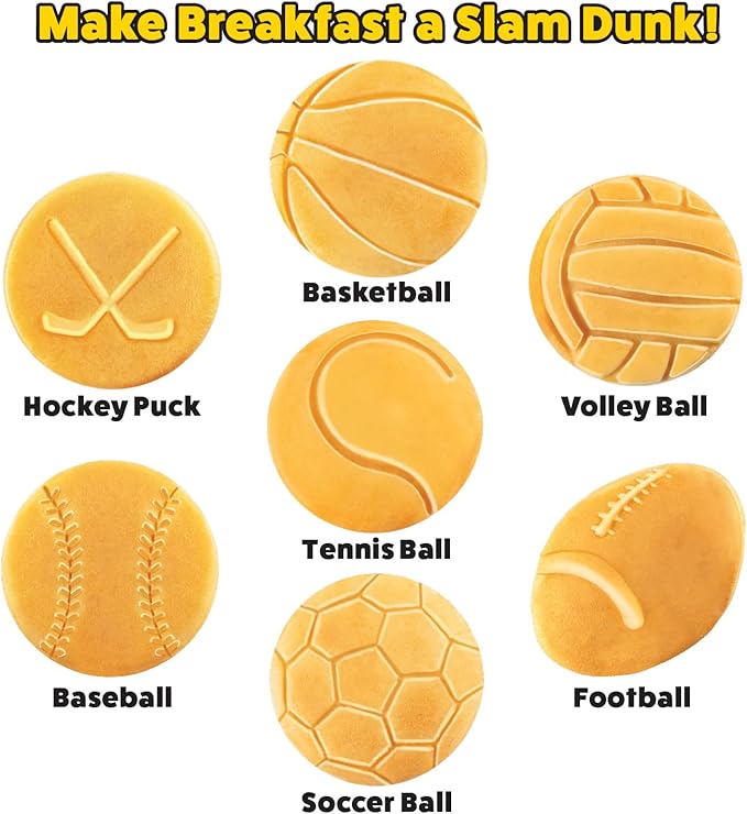 Sports Waffle Maker- Make Breakfast a Slam Dunk- Bakes 7 Themed Pancakes Including Football, Baseball, Basketball, Soccer, Tennis & More- Electric Nonstick Waffler with Recipe Guide- Kids Morning Fun