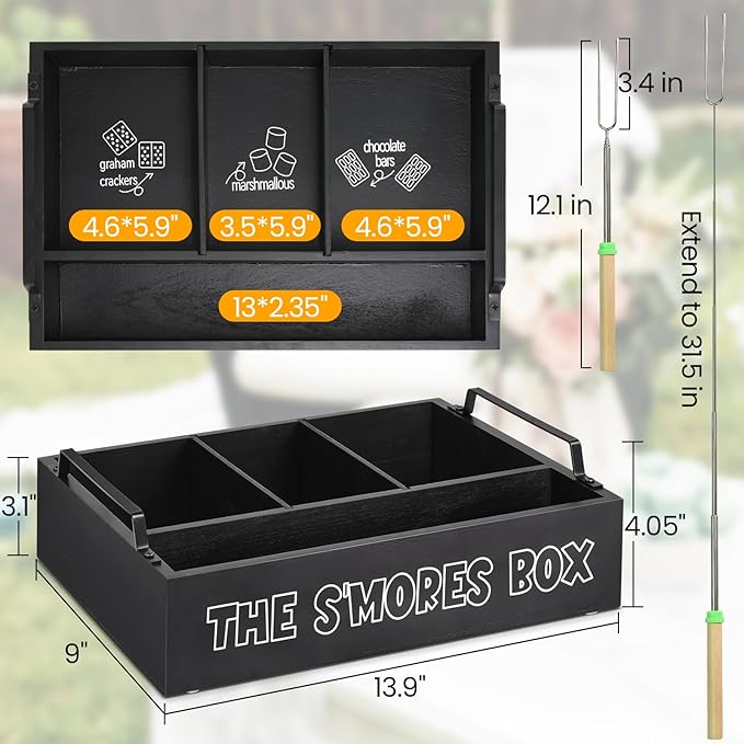 S'Mores Station with Handles, Wooden S'Mores Caddy Bar Holder with 4 Roasting Sticks, Farmhouse Smores Tray for Smores Kit for Fire Pit, Smores Maker Tabletop Indoor Kit for S'Mores Kit