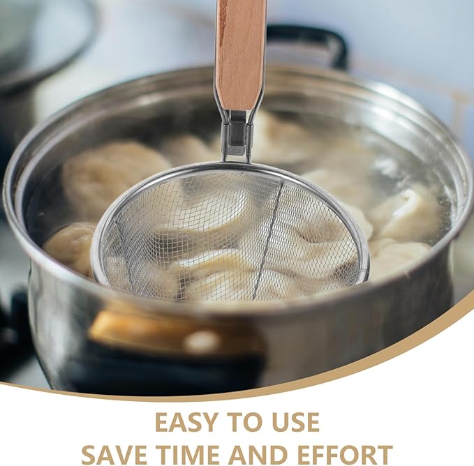 Stainless Steel Pasta Strainer Basket with Wooden Handle 13 Inch Noodle Skimmer Spoon for Cooking Dumplings Hot Pot and Food Draining