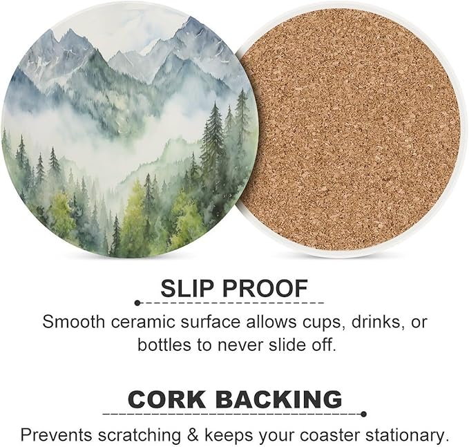 Round-4PCS Forest Ceramic Coasters, Round Absorbent Drink Coasters, Watercolor Style Nature Woodland Green Forest Mountain Plant Ceramic Table Coasters for Coffee, Beverage, Wine, Beer Coasters