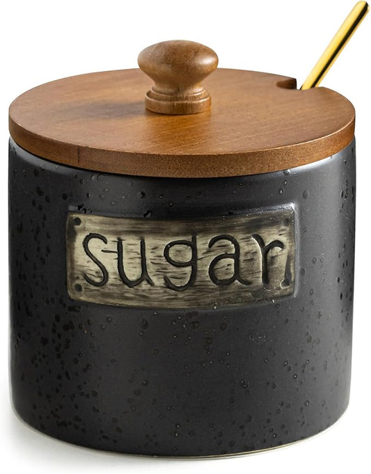 LYEOBOH Black Sugar Bowl with Lid and Spoon, 15 Oz Farmhouse Sugar Container Holder for Coffee Bar Accessories, Food Storage Containers - Modern Kitchen Decor Housewarming Gift