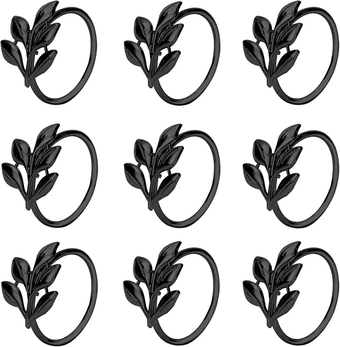 KPOSIYA Set of 12 Leaf Napkin Rings Metal Gold Napkin Holder Table Napkin Rings for Thanksgiving Day Christmas Dinning Table Parties Everyday (Ye Zi-Black 12)