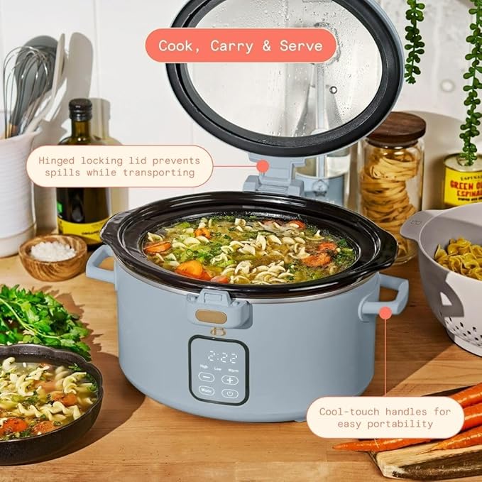 Beautiful by Drew 4.0-Quart Programmable Slow Cooker with Hinged Lid, Digital Timer, Keep Warm Function, Removable Stoneware Pot, Stainless-Steel Accents (Cornflower Blue)