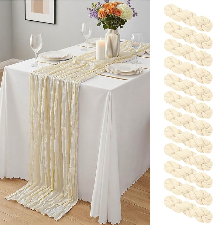 12 Pack Ivory Cheesecloth Table Runner 10Ft, Gauze Table Runners 21.5 x 120 inch,Semi Sheer Cheese Cloth Fabric Runner Bulk for Wedding,Party,Baby Shower,Bridal Shower