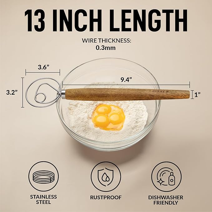 Zulay Kitchen 13 Inch Danish Dough Whisk - Large Wooden Danish Whisk For Dough With Stainless Steel Ring - Traditional Dutch Whisk Baking Tool For Bread, Batter, Cake, Pastry (Acacia Wood)