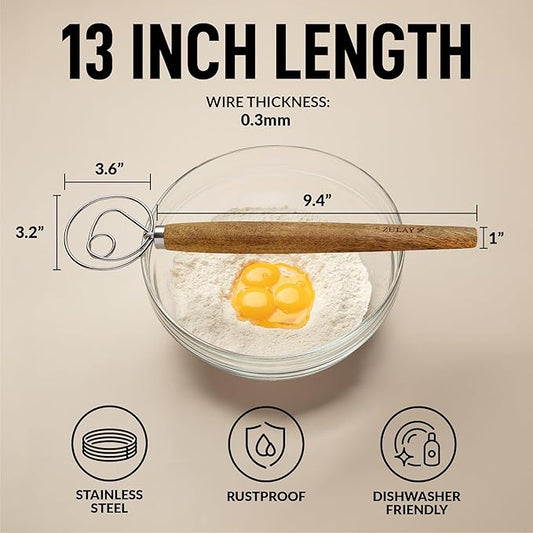 Zulay Kitchen Durable 13-Inch Danish Dough Whisk - Easy Mixing Bread Hook, Stainless Steel, Sourdough Traditional Dutch Whisking Tool, 2 Pack Acacia Wood