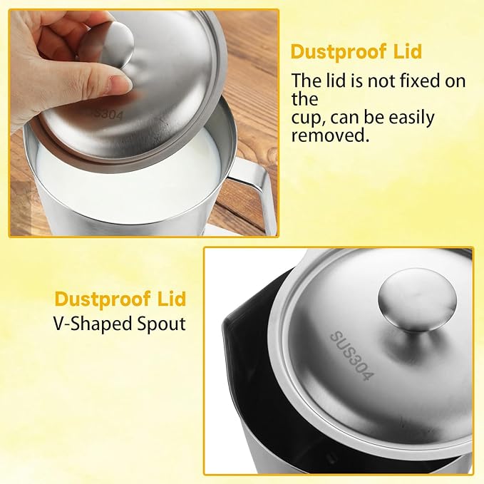 LANIAKEA Stainless Steel Measuring Pitcher with Lid 70 oz / 2L Metal Measuring Cup with Marking with Handle Wide Mouth Graduated Cup for Milk Frothing,Latte Art,Espresso, Hot & Cold Water, Iced Tea