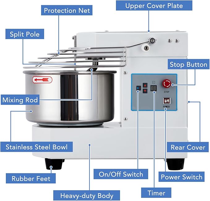 GarveeTech Commercial Food Mixer, 10.5 Qt Touch Screen Dough Mixer Machine with Timer, Security Shield, 650W Dual Rotating Dough Kneading Machine Food-grade Stainless Steel Bowl for Restaurant Bakery