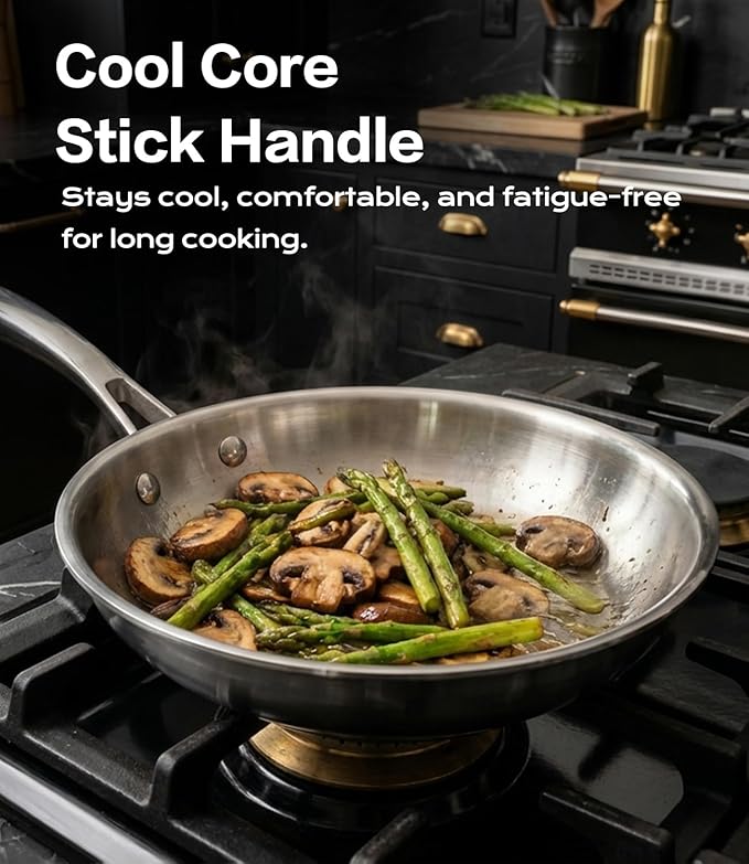 8 Inch Stainless Steel Pan, 5-Ply Clad Base 800℉ Safe Stainless Steel Frying Pans for Even Heating, Premium Cookware for Induction, Gas, Electric&Oven