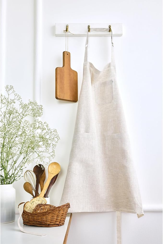 Solino Home Linen Bib Apron for Men & Women - 33 x 30 Inch Kitchen Apron with Front Pockets - Handcrafted from European Flax
