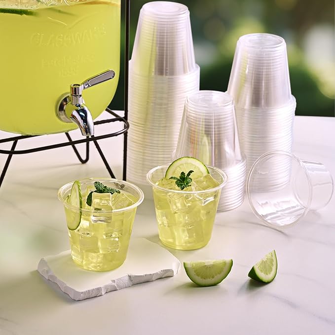 Turbo Bee 50 Pack 9 oz Clear Plastic Cups, Drinking Cups Disposable, Punch Plastic Party Cup for Wine, Juice, Iced Coffee and Cold Beverage