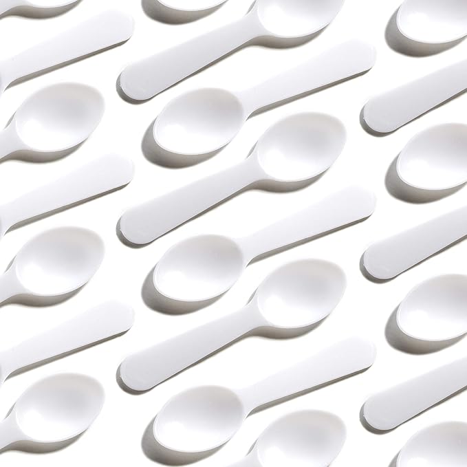 Extra Sturdy, BPA Free 100ct Plastic Tasting Spoons. Disposable Mini Tasters for Sampling or Individual Portions of Ice Cream, and Appetizers. Great for Food Trucks, Parties and Events