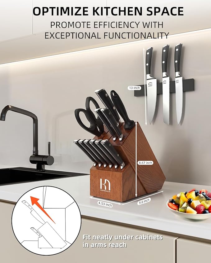 Knife Set, 15 Pcs Kitchen Knife Block Set, Enduring Razor-Sharp Japanese High Carbon Stainless Steel Chef Knife Set with Block and Sharpener, Premium Knives Set for Kitchen, Brown Ash Wood