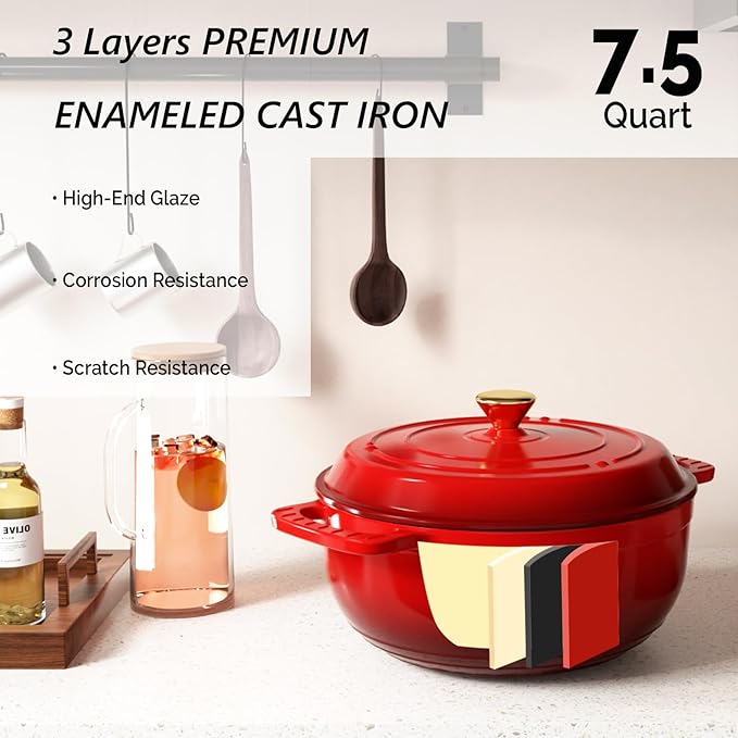 VINGLI 7.5QT Enameled Cast Iron Round Dutch Oven Pot with Lid, NonStick Casserole Pot with Dual Handles & Silicone GlovesRed, Oven Safe up to 500°F or on Stovetop, Dutch Oven for Bread Baking, Red