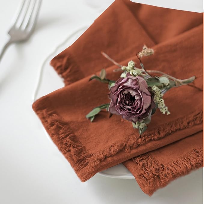 Handmade Cloth Napkins 100% Cotton Napkins with Fringe，Delicate Handmade Cloth Napkins for Dinners, Parties, Weddings and More，18 x 18 Inch Set of 12 - Terracotta