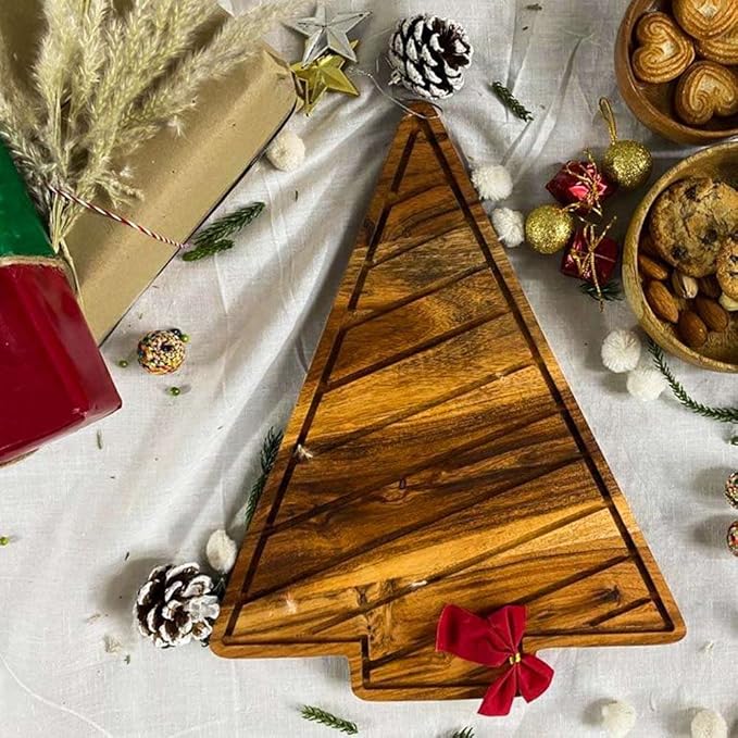 Treen Art Wooden Christmas Cutting Board for Kitchen Decor, 12.5"L x 10"W Tree Shaped Acacia Wood Chopping Board with Handle & Slicey Grooves, Serving Charcuterie Platter