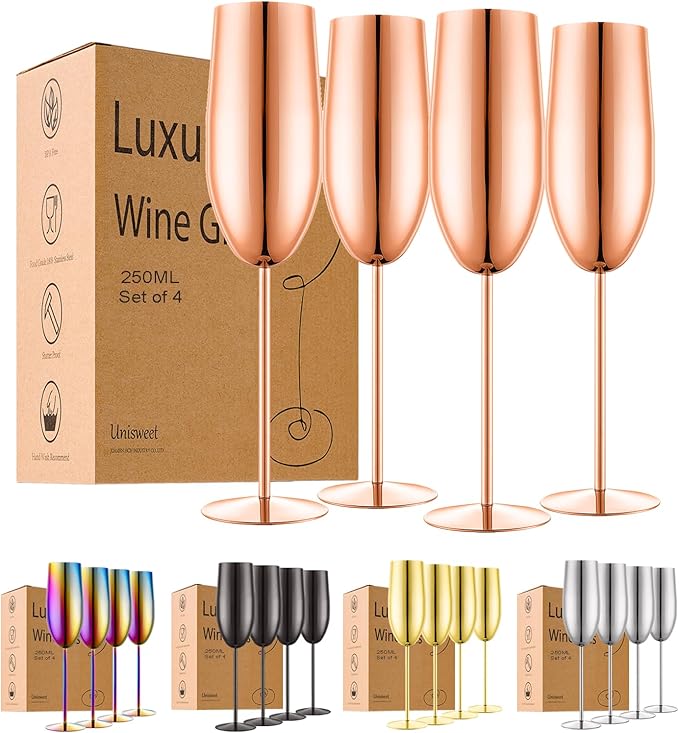 Stainless Steel Champagne Flutes Set of 4-Wedding &Birthday Gifts,8.5 Oz Unbreakable Champagne Glass with Long Stem,Reusable Indoor Outdoor Drinkware (Rose Gold)