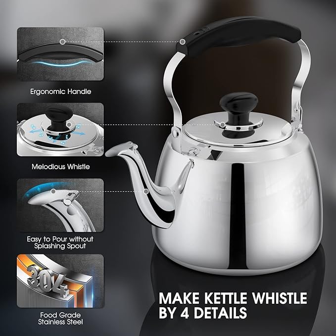 Tea Kettle, Stainless Steel Stovetop Whistling Tea Kettles 2L, Mirror Polished Food Grade Stainless Steel Tea Kettle Stovetop
