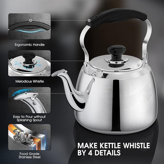 Tea Kettle, Stainless Steel Stovetop Whistling Tea Kettles 2L, Mirror Polished Food Grade Stainless Steel Tea Kettle Stovetop
