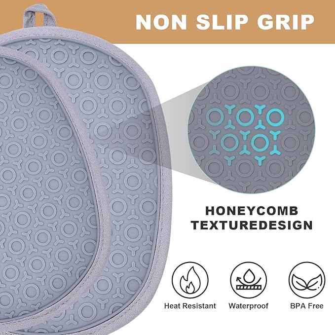 Silicone Pot Holders for Kitchen Heat, Non-Slip Hot Pads with Hanging Loops, Quilted Liner Oven Mitts Alternative, Waterproof Trivets for Countertops Hot Pots and Pans (Black) 2-Pack