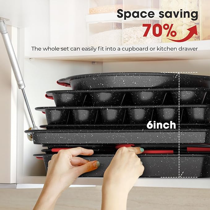 Slow Slog 11-Piece Nonstick Stackable Baking Pans Set, Toxin-Free Bakeware Sets, Baking Pan Set with Silicone Handles, Includes Cookie Sheets, Loaf Pan, Pizza Pan, Muffin Pan, Red&Black