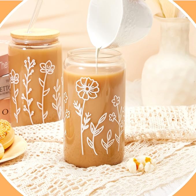 Mumufy 18 Pack Wedding Favor Glass Tumblers Boho Floral 16oz Iced Coffee Cups with Bamboo Lids and Straws Elegant Drinkware for Wedding Reception and Welcome Drinks
