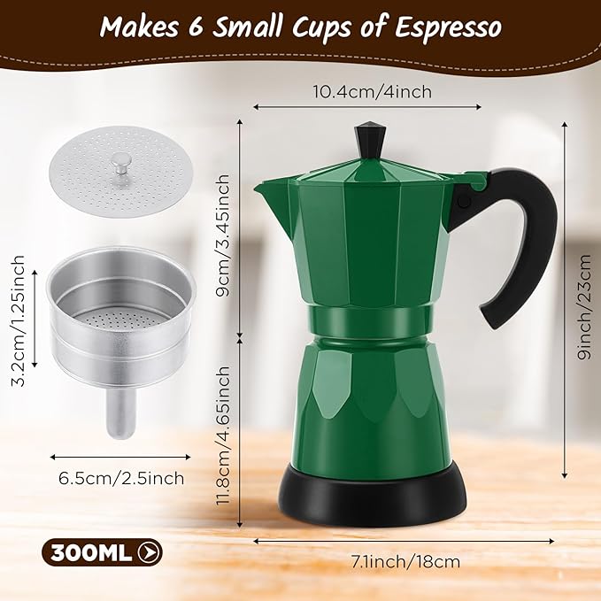 Lemosae Coffee Pot 6 Cup Electric Espresso Coffee Maker Italian Moka Maker 300ml Portable Aluminum Espresso Machine Cafetera Moka Pot with Detachable Base, Gift for Home Travel(Dark Green)