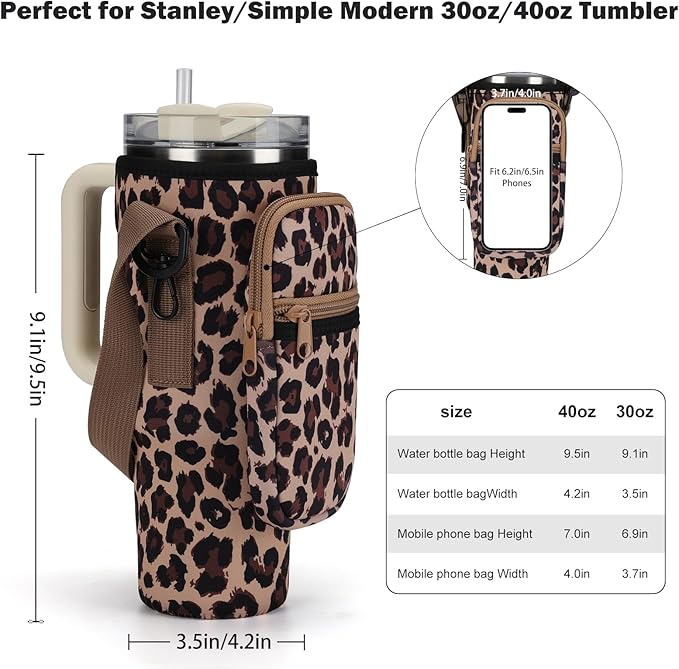 Water Bottle Carrier Bag for Stanley 40/30 oz Tumbler with Phone Pocket Neoprene Water Bottle Holder with Shoulder & Handheld Strap Stanley Cup Accessories