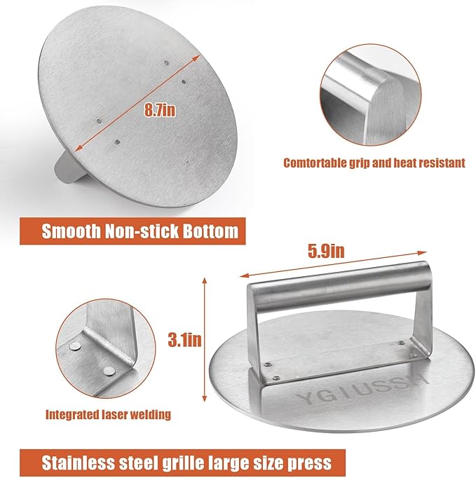 8.7 Inch Heavy-Duty Grill Press Stainless Steel Bacon Press Round Non-Stick Hamburger Press Weight Burger Smasher for Perfectly Seared Bacon Steak & Sandwiches