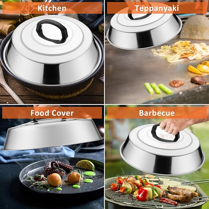 Leonyo Melting Dome & Cast Iron Grill Press, 12" Basting Cover with Round Bacon Press, Burger Smasher for Griddle, Food Steamer Lid Smash Burger Kit for Flat Top Grill Cooking Cheese, Meat