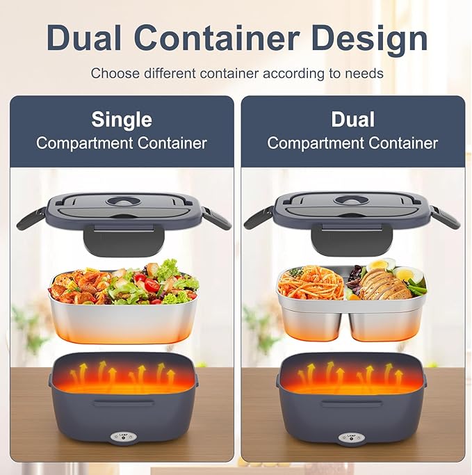 Electric Lunch Box Food Heater 3 in 1 Portable Warmer Leakproof Heated Box for Adults, Heating Microwave for Car/Home with 2 Removable Stainless Steel Container, 12V/24V 110V