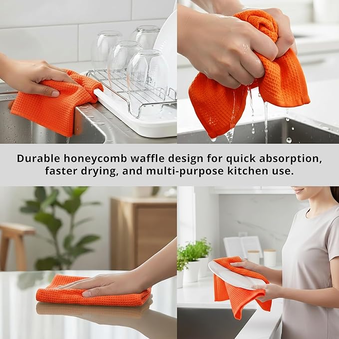 PurpleEssences Waffle Weave Kitchen Towel, 100% Cotton, 15x25 Inches, with Hanging Loop Ultra Soft Absorbent Quick Drying Dish Cloth, Tea and Hand Towels, 4 Pack - Christmas Holiday Winter - Orange